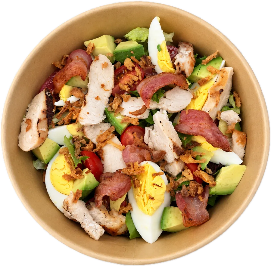 Cobb salad with grilled chicken, bacon, boiled egg and avocado at Maison Croissant & Bowls, St. Vital Winnipeg