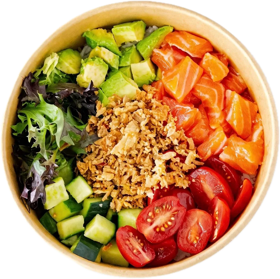 Crunchy Salmon Bowl with crispy onions, avocado and cherry tomatoes at Maison Croissant & Bowls Winnipeg