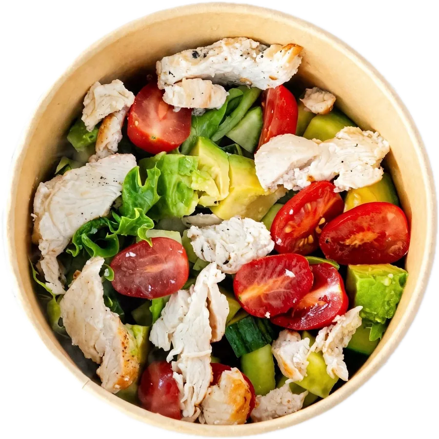 Grilled Chicken Avocado Salad with cherry tomatoes at Maison Croissant & Bowls, St. Vital Winnipeg