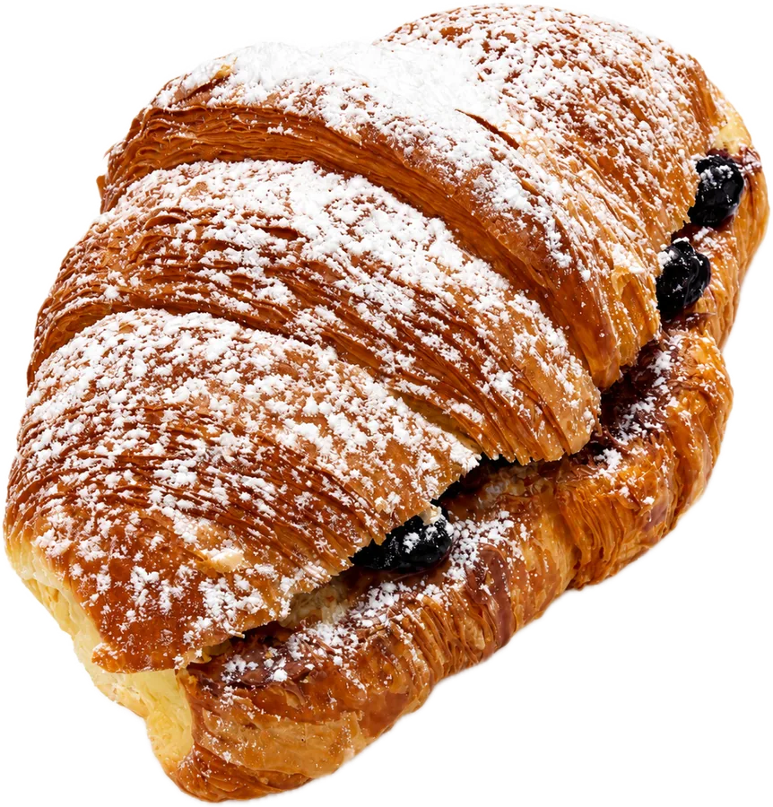 Nutella and dried blueberry croissant dusted with icing sugar at Maison Croissant & Bowls Winnipeg