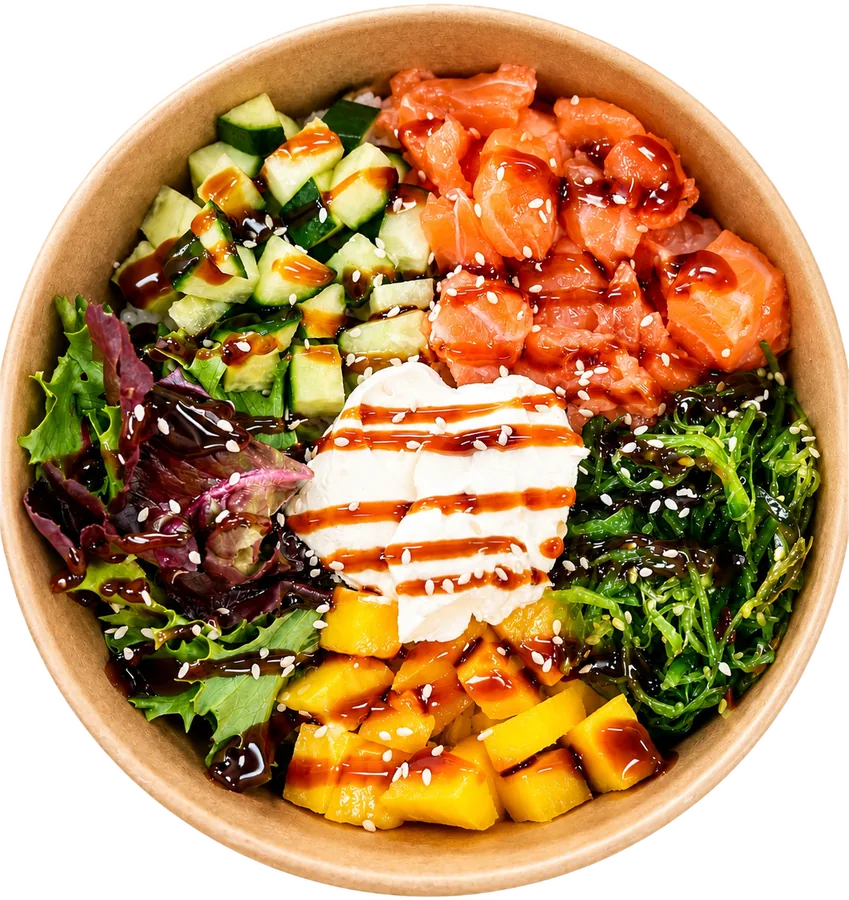 Philadelphia Salmon poke bowl with cream cheese, mango and seaweed salad at Maison Croissant & Bowls, St. Vital Winnipeg