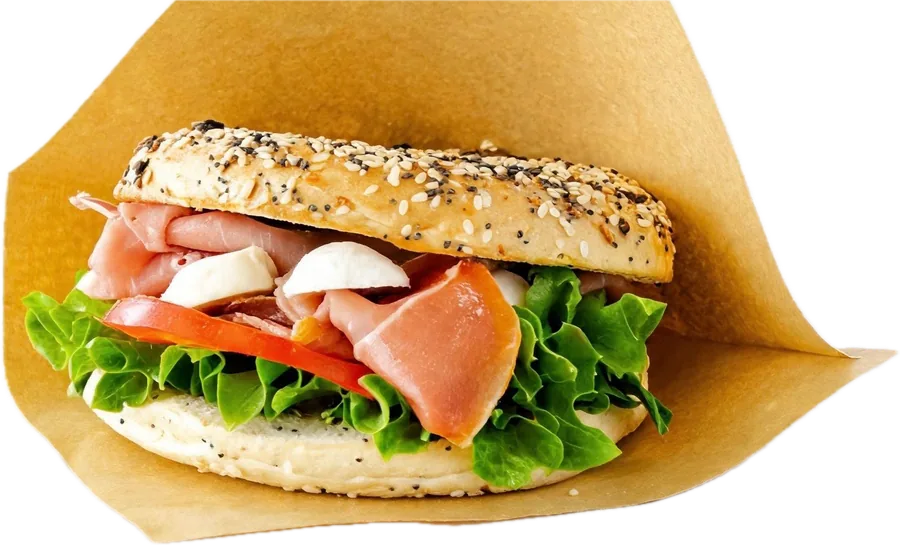Prosciutto and mozzarella Everything Bagel sandwich at Maison Croissant & Bowls, St. Vital Winnipeg