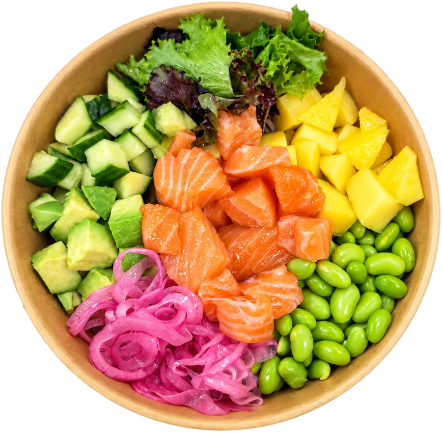 Spicy Salmon Bowl with fresh salmon, mango, edamame, avocado and pickled red onion at Maison Croissant & Bowls, St. Vital Winnipeg