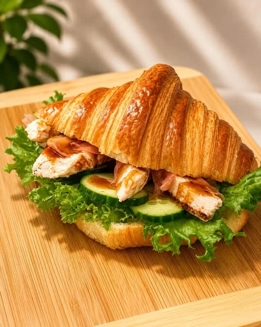 Gourmet croissant sandwich on a buttery, flaky croissant at Maison Croissant & Bowls, St. Vital Winnipeg